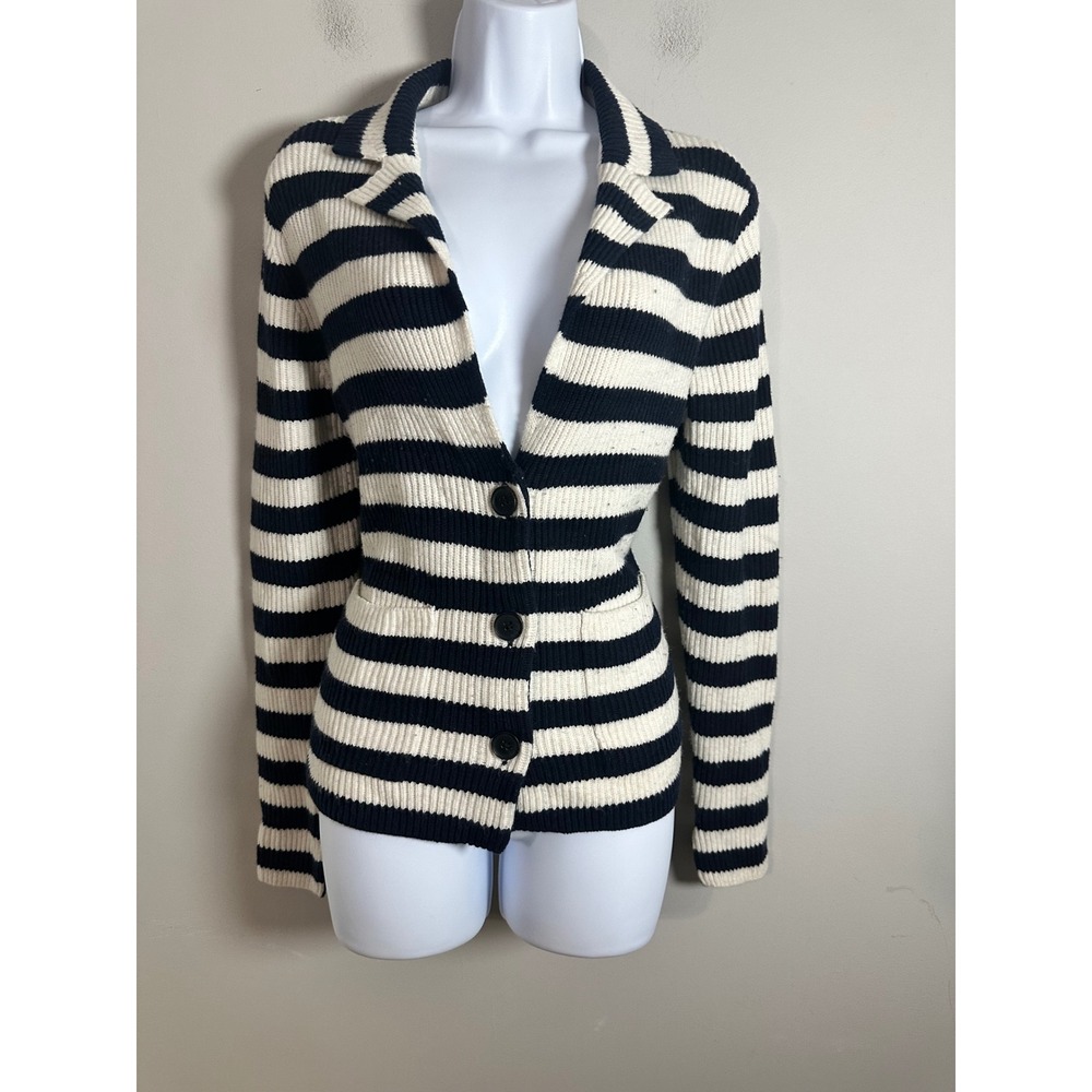 White + Warren Navy Cream Striped Merino Wool Blend Cardigan Blazer Large